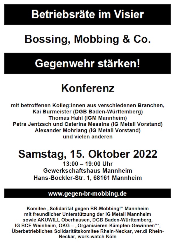 Einladungsflyer zur Konferenz BR MOBBING Betriebsräte im Visier